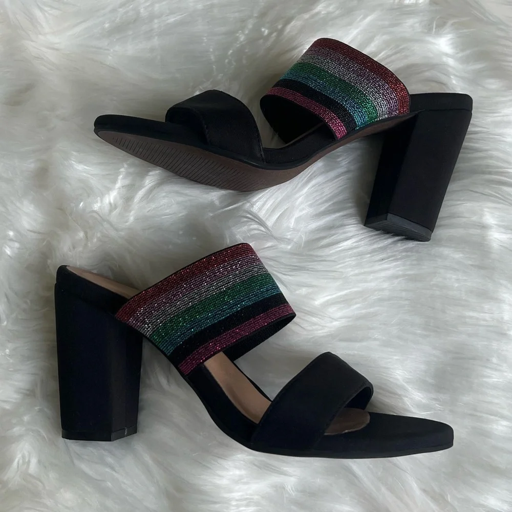 Kaanas size 37 NWOT black pink green multi color sparkley block heels